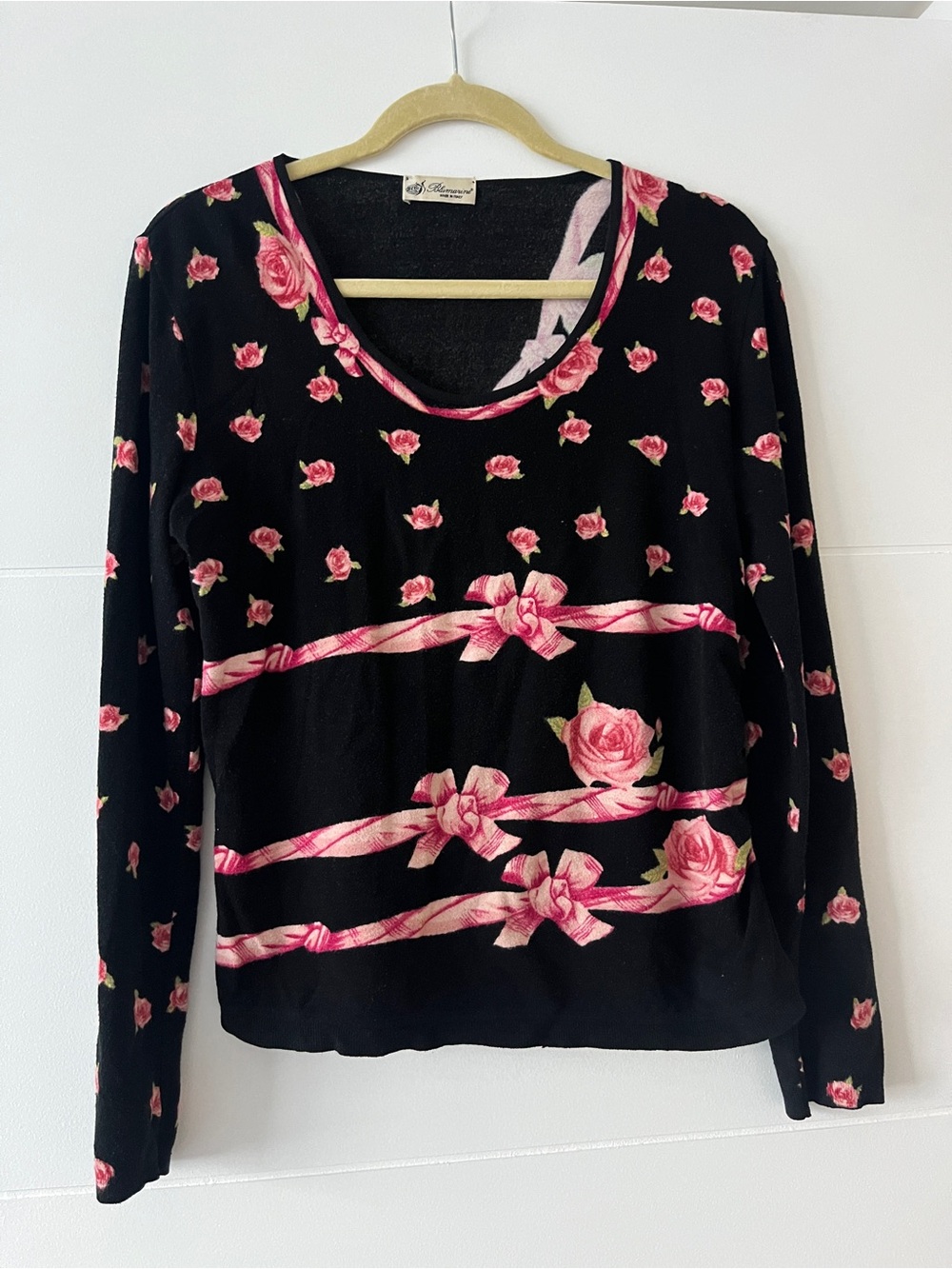Blumarine Black Pink Rose Ribbon Print Long Sleeve Top Y2K size M-L